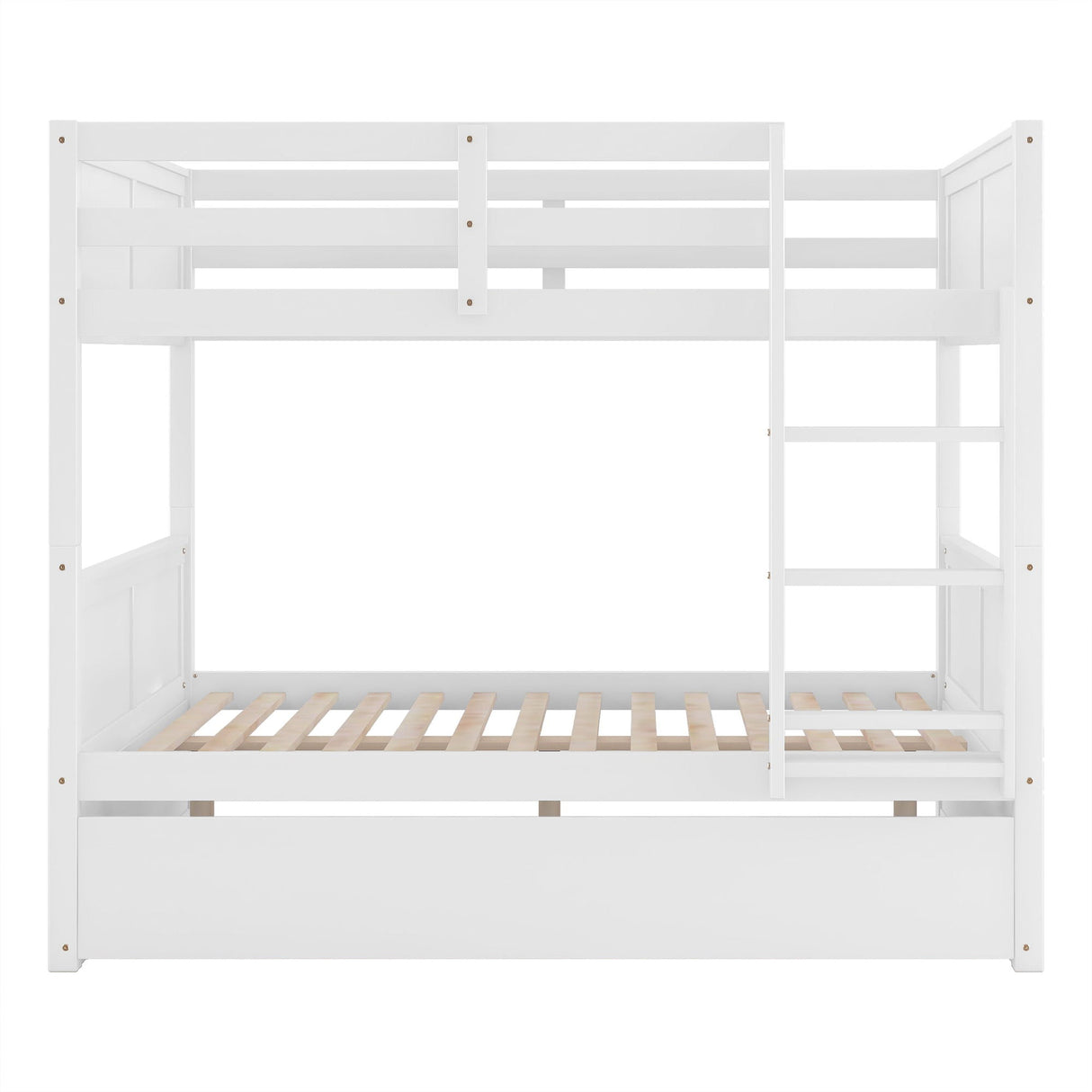 The White Wooden Bunk Bed with Twin Size Trundle features a ladder on the right, slatted frames for both bunks, and a minimalist design.