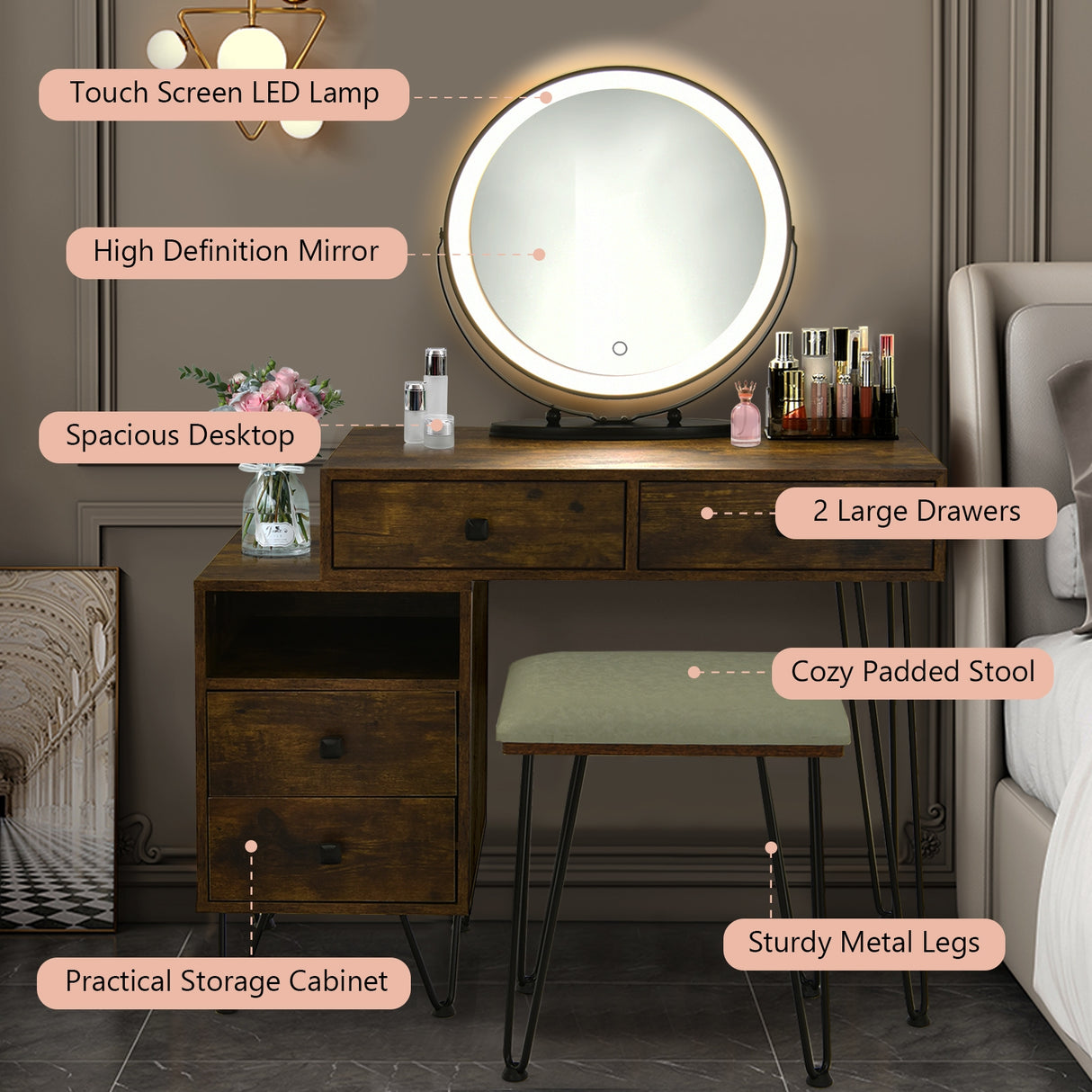 Modern Dressing Table with Storage Cabinet-Black