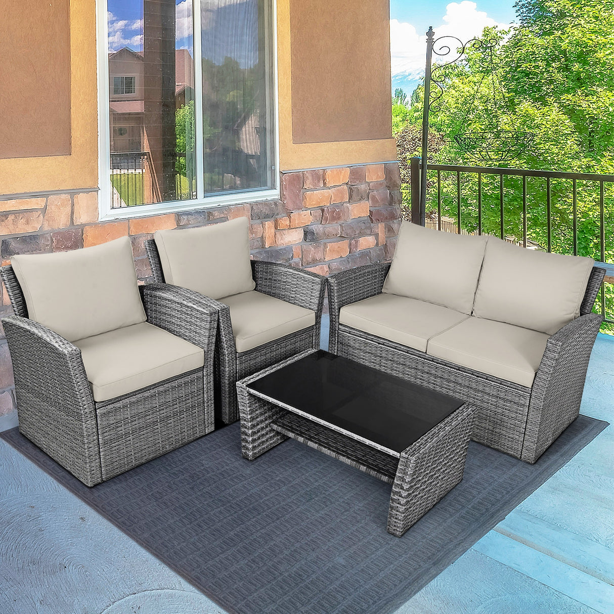 4 Pieces Patio Rattan Furniture Set Sofa Table with Storage Shelf Cushion-Gray
