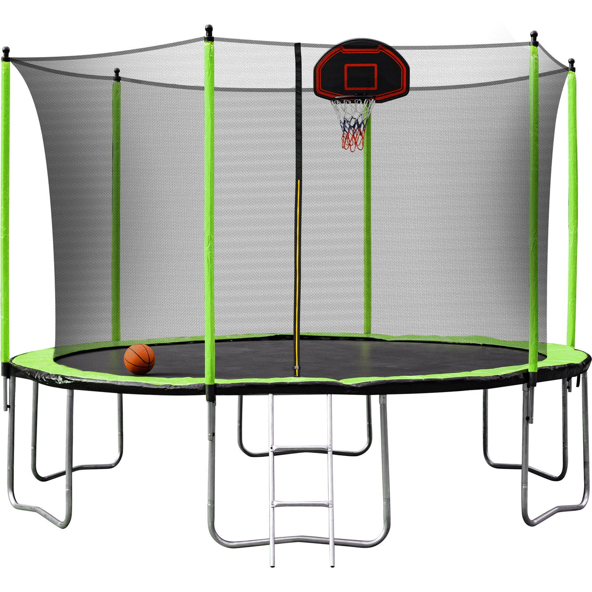 14Ft Trampoline With Basketball Hoop Inflator And Ladder (Inner Safety Enclosure) - Green by Couch.com