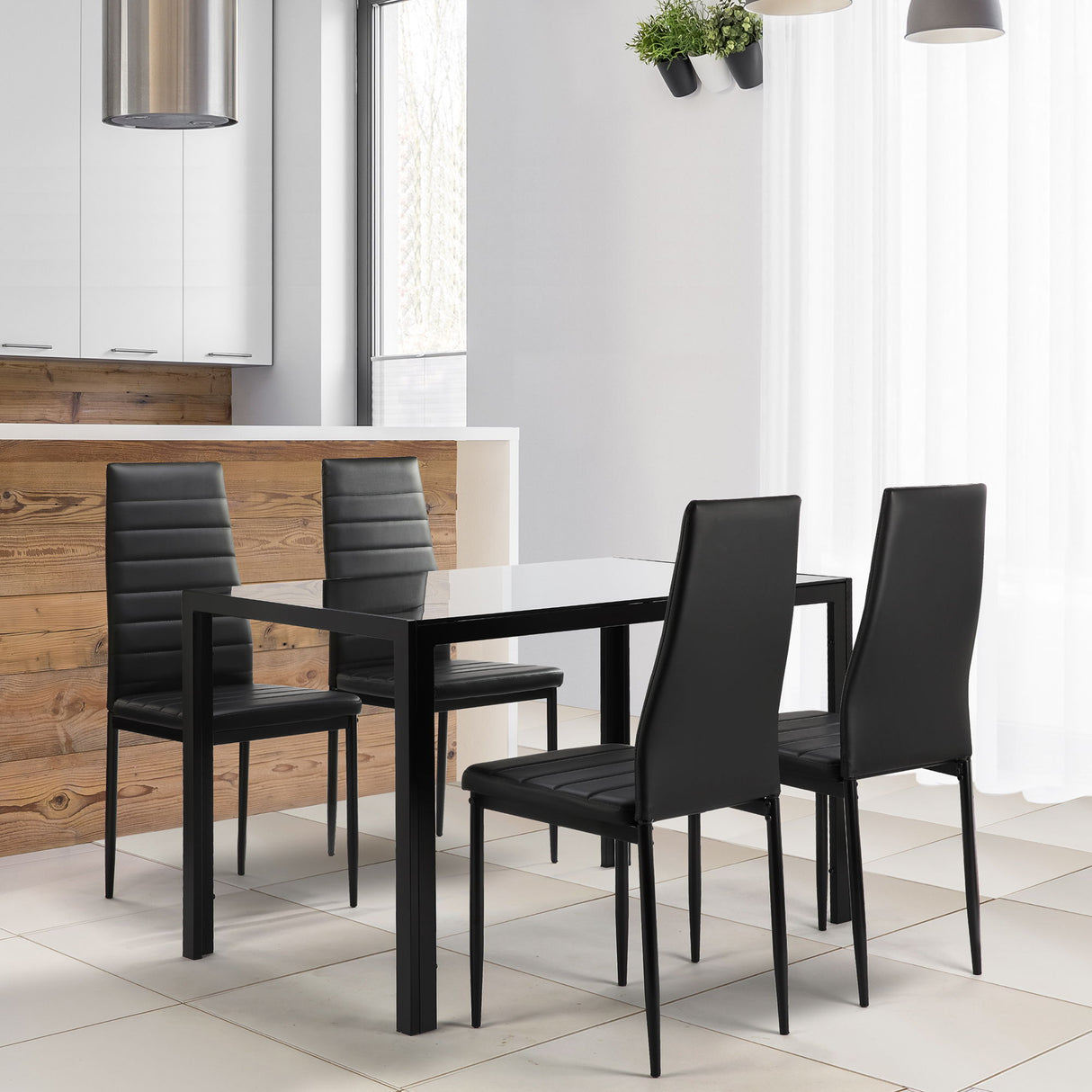 5 Pieces Dining Table Set For 4, Kitchen Room Tempered Glass Dining Table, 4 Faux Leather Chairs - Black by Couch.com