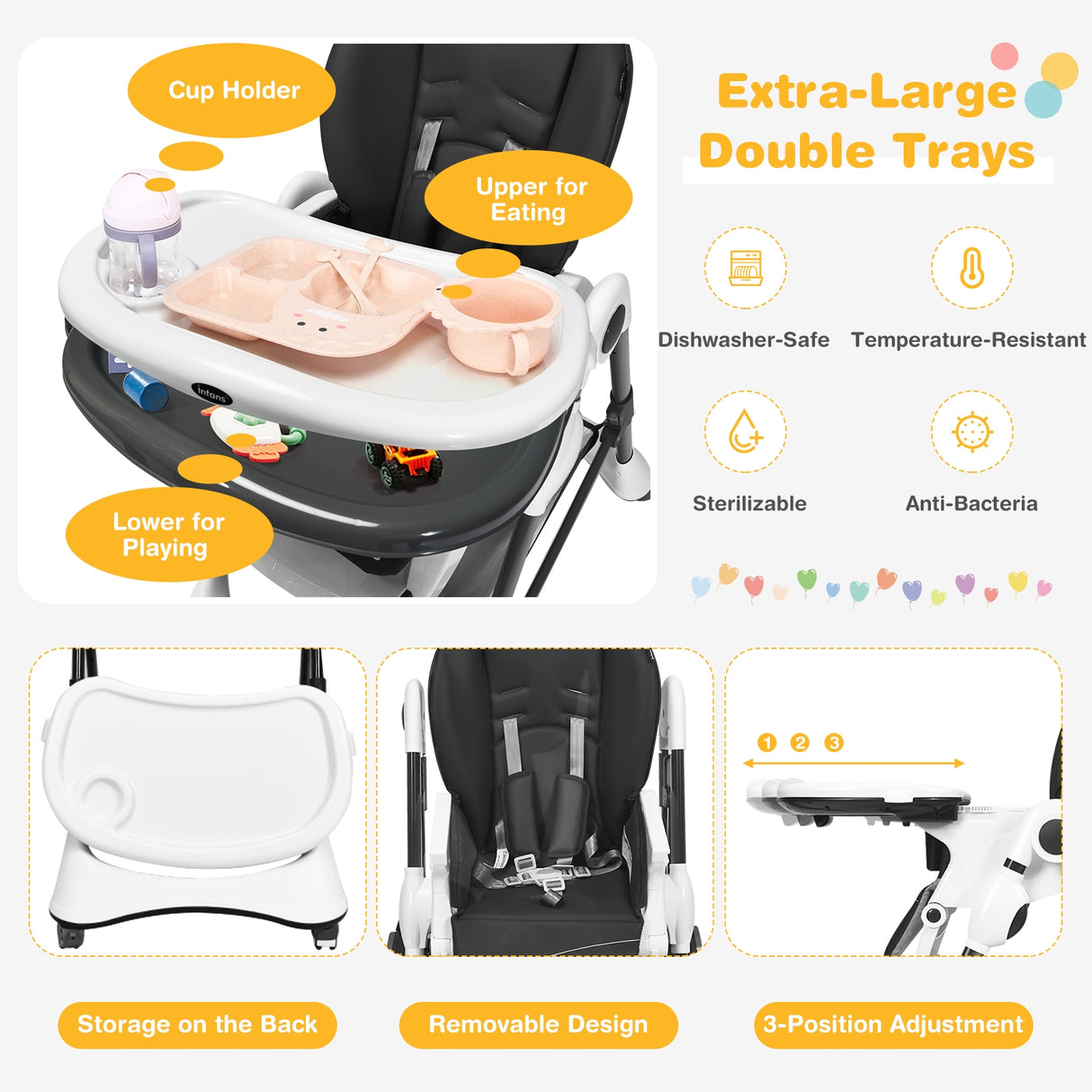A-Shaped High Chair with 4 Lockable Wheels-Black
