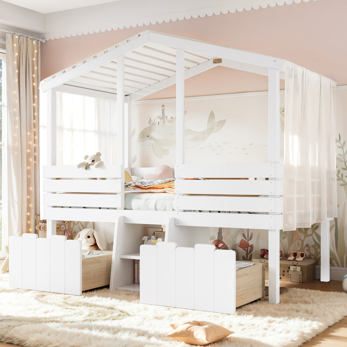 Twin House Loft Bed with Cute Stairs and 2 Big Storage Drawers, Low Loft Bed with House-Style Roof, No Box Spring Needed, Farmhouse Style, White