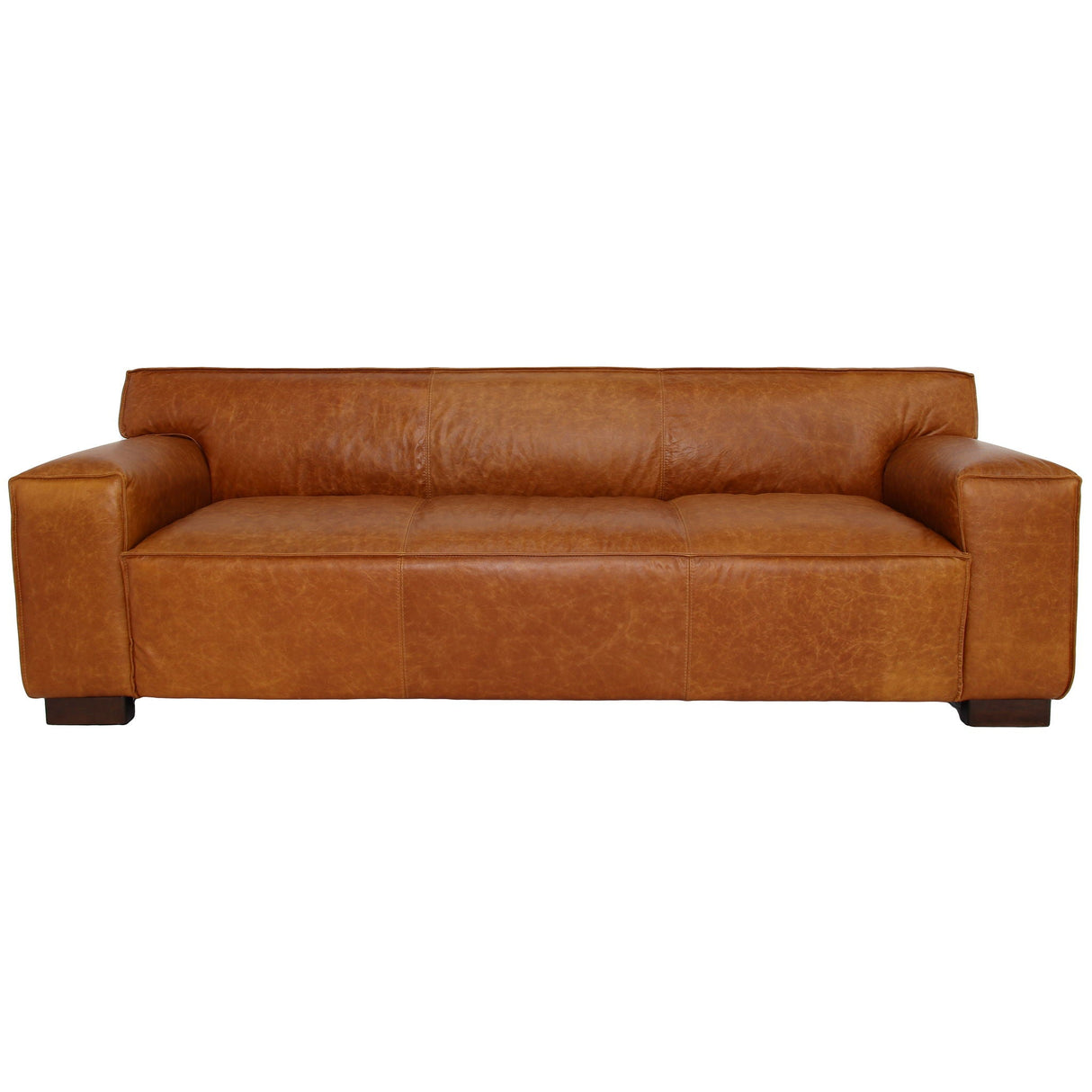 The Morgan Waxy Sofa in Cognac features a modern, rectangular design with wide armrests and a smooth leather texture, set against a plain white background.