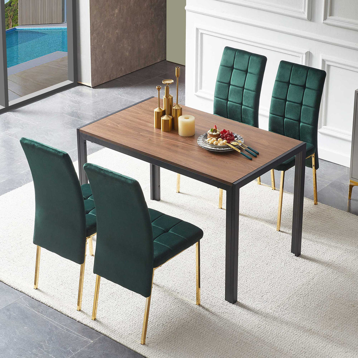 5 Pieces Dining Set Including Velvet High Back Golden Color Legs Nordic Dining Chair & Creative Design Dining Table by Couch.com