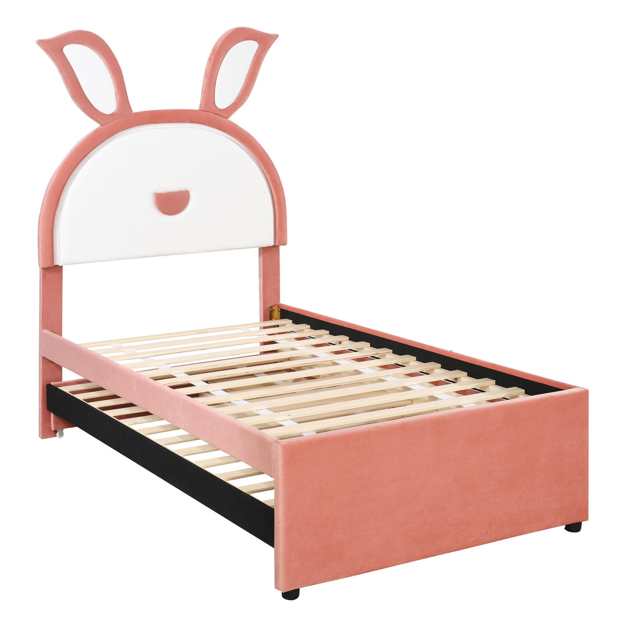 Upholstered Platform Bed With Trundle And 3 Drawers, Rabbit-Shaped Headboard With Embedded LED Lights by Couch.com