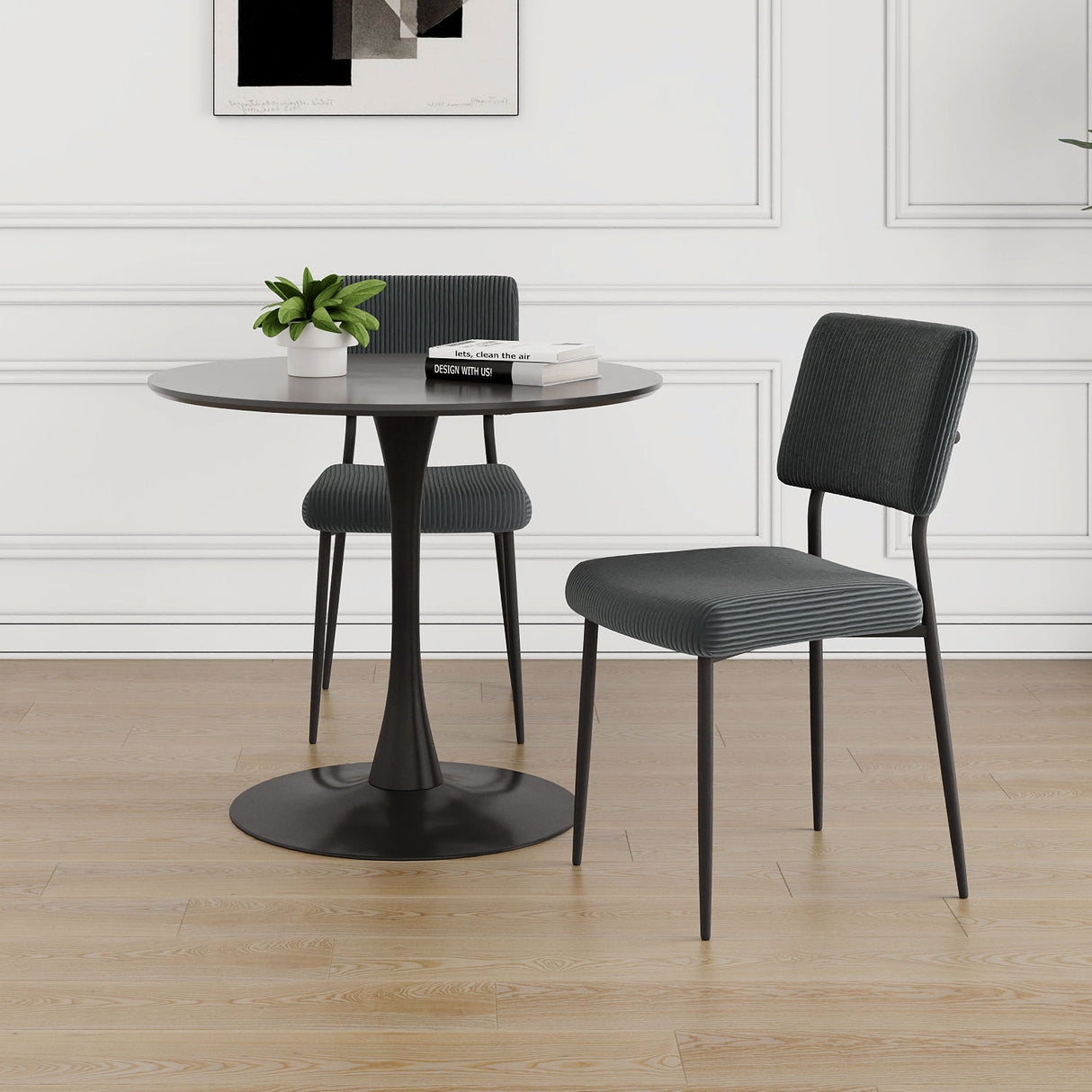 Modern Gray Simple Velvet Dining Chair Fabric Upholstered Chair Family Bedroom Stool Back Dressing, Black Round Table Set, Chair Metal Legs (Set of 3) - Black / Dark Gray by Couch.com