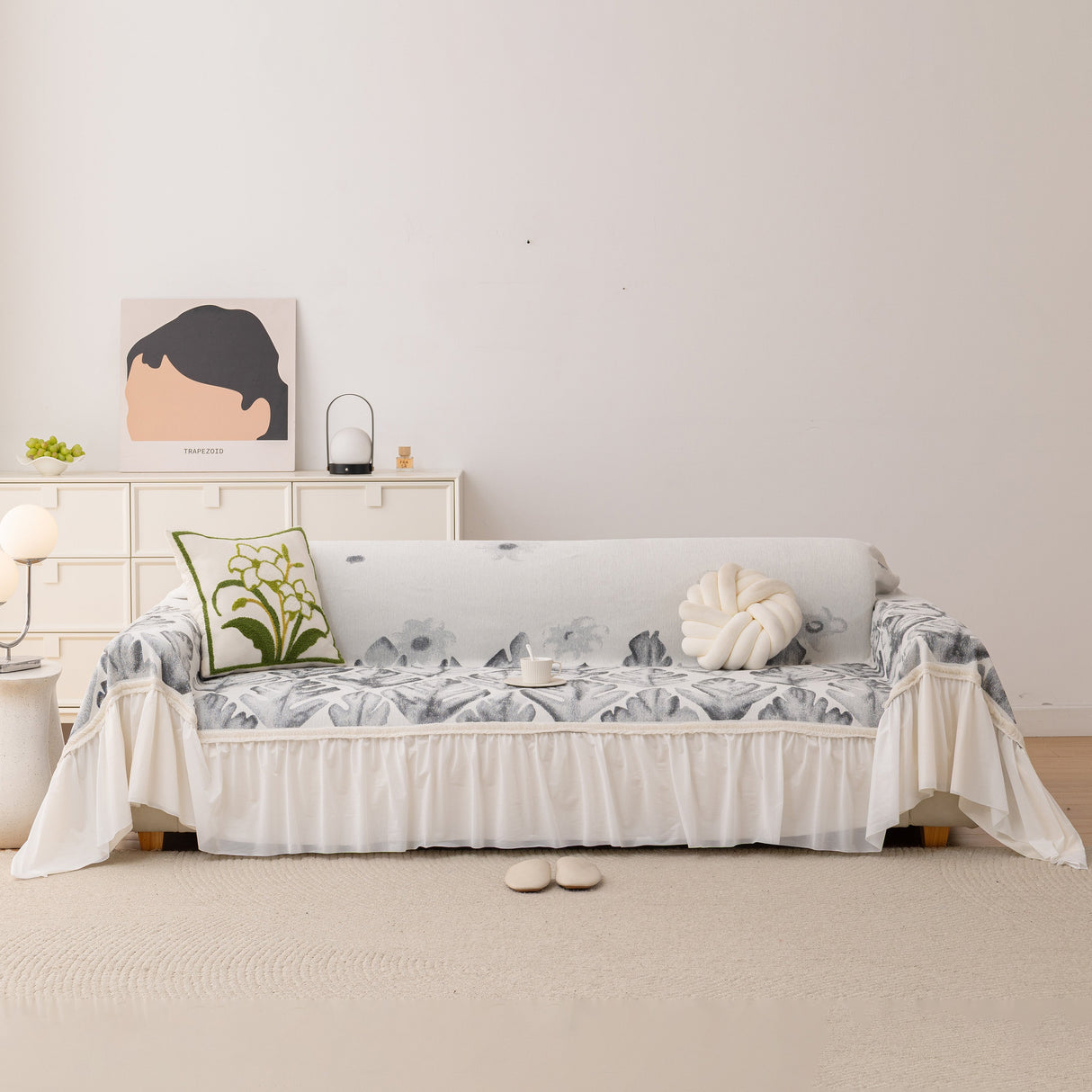 Botanical Sofa Cover with Chiffon Skirt, Floral Couch Throw Blanket for All-Season