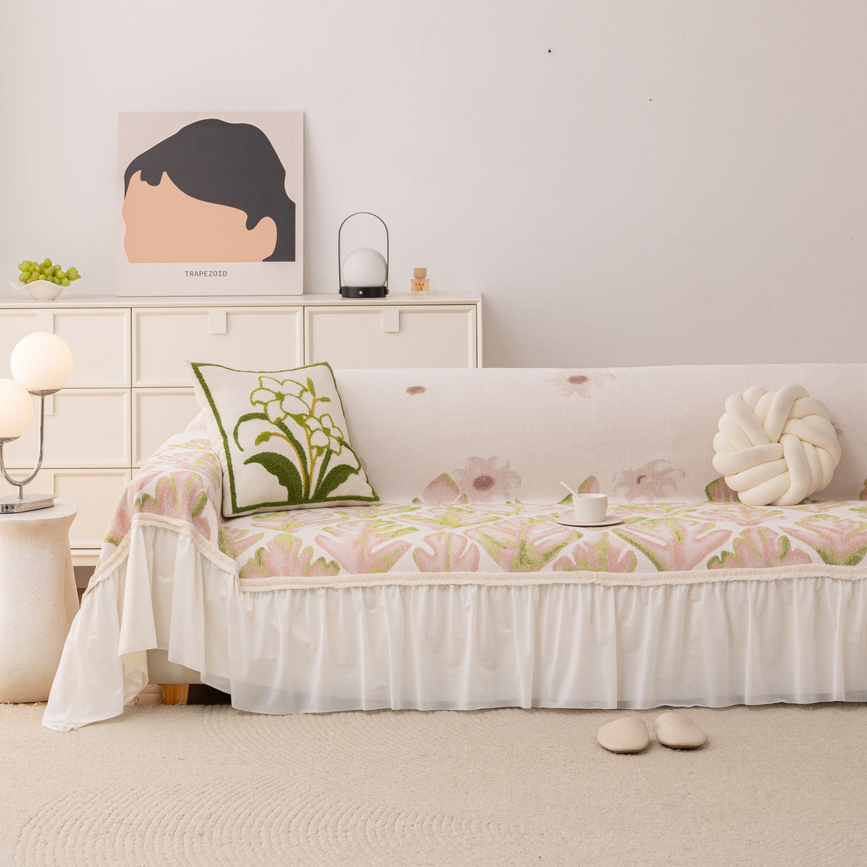 Botanical Sofa Cover with Chiffon Skirt, Floral Couch Throw Blanket for All-Season