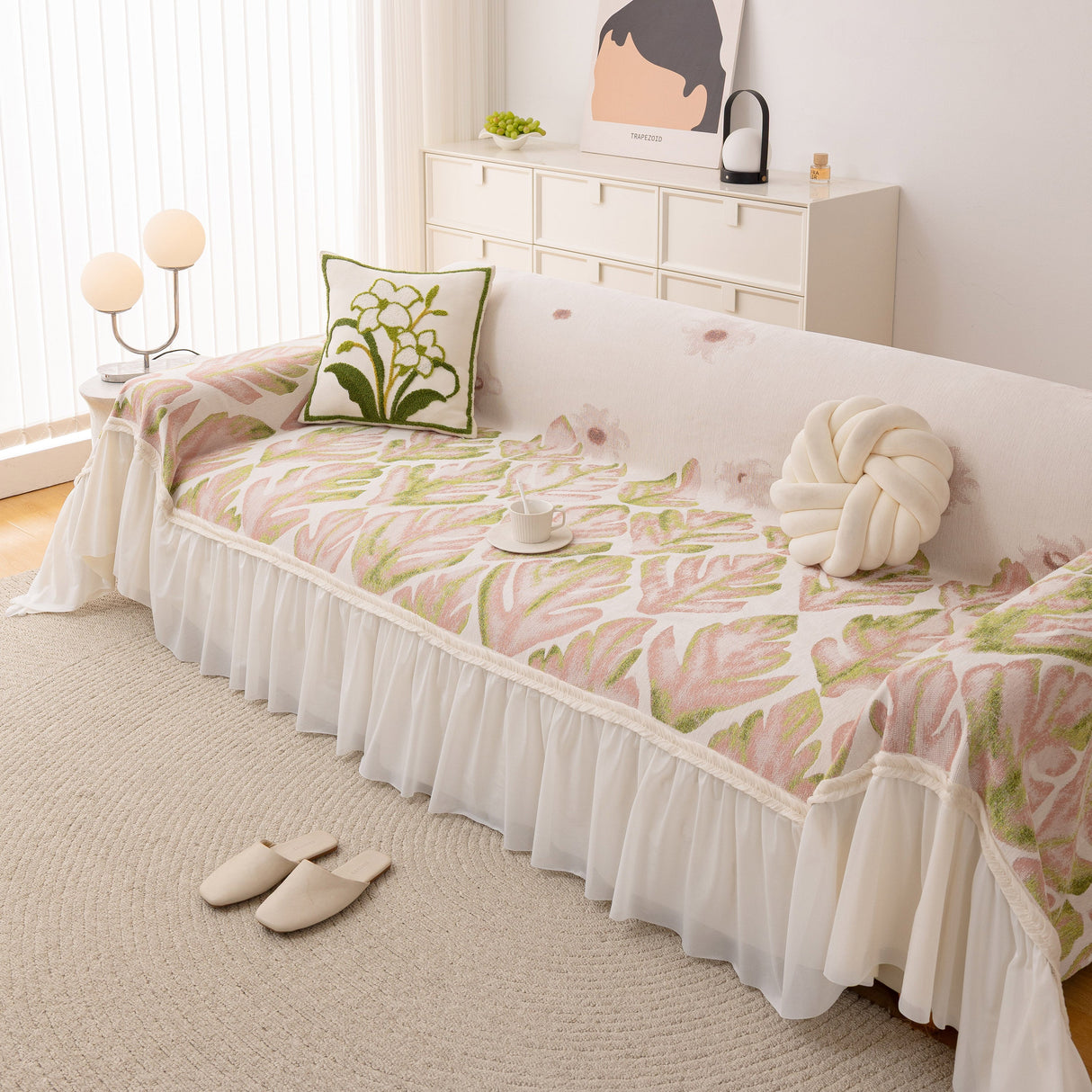 Botanical Sofa Cover with Chiffon Skirt, Floral Couch Throw Blanket for All-Season