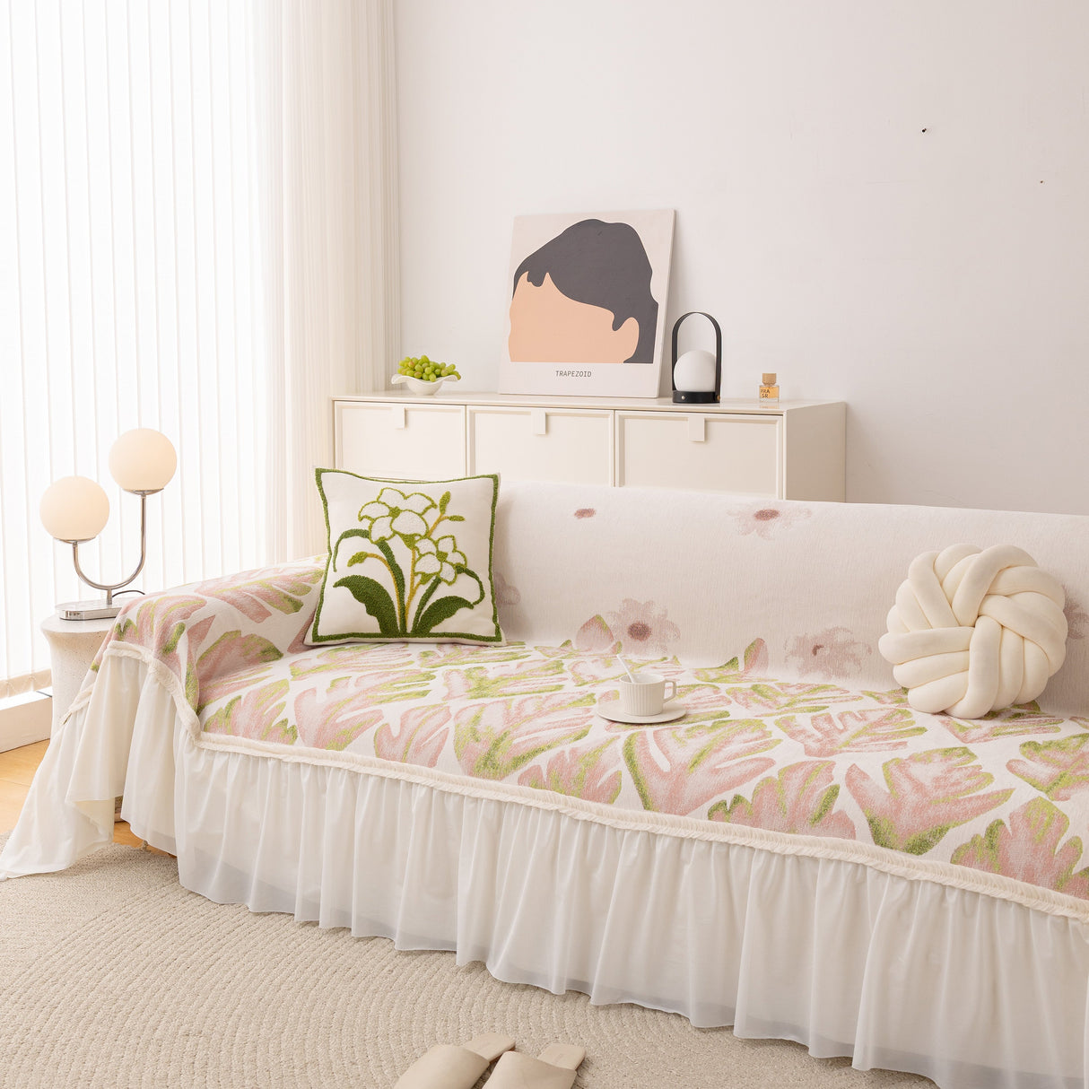 Botanical Sofa Cover with Chiffon Skirt, Floral Couch Throw Blanket for All-Season