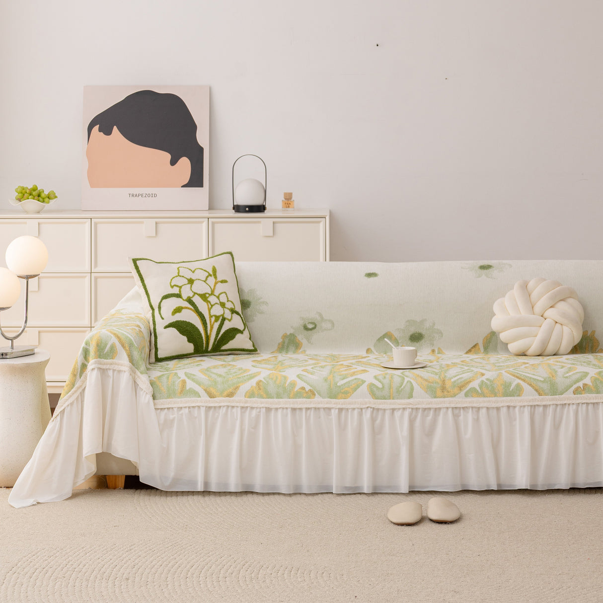 Botanical Sofa Cover with Chiffon Skirt, Floral Couch Throw Blanket for All-Season