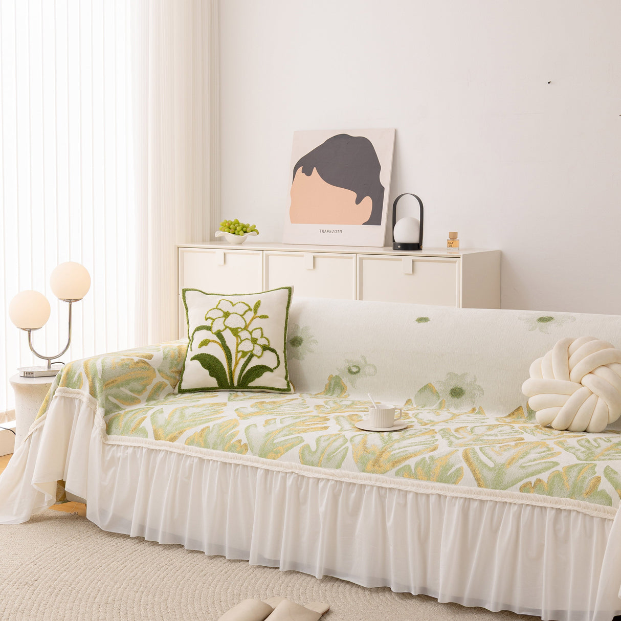 Botanical Sofa Cover with Chiffon Skirt, Floral Couch Throw Blanket for All-Season