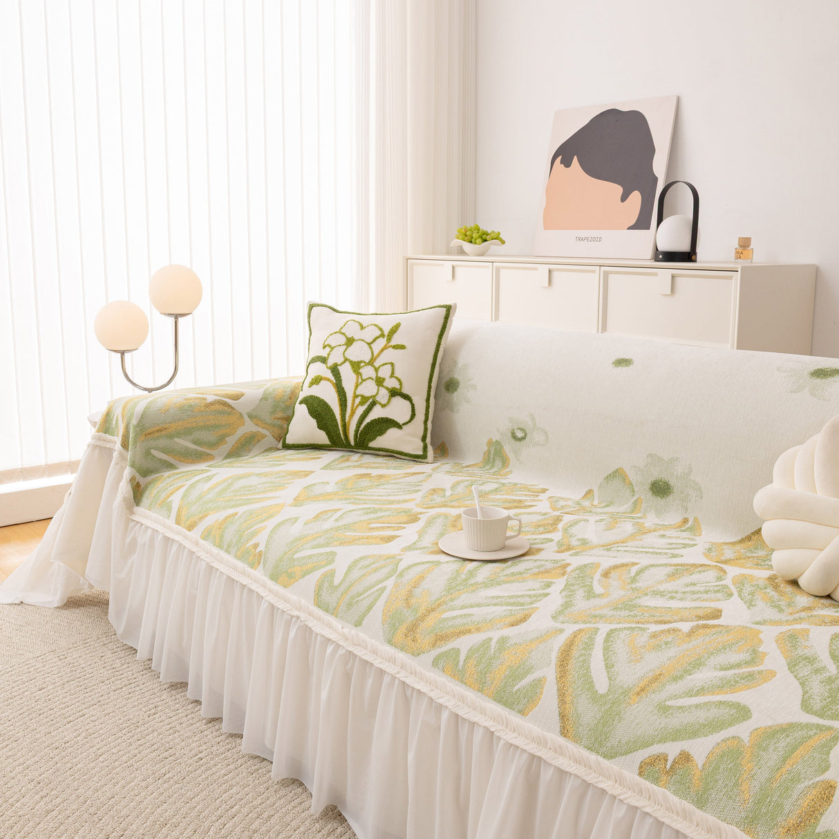 Botanical Sofa Cover with Chiffon Skirt, Floral Couch Throw Blanket for All-Season