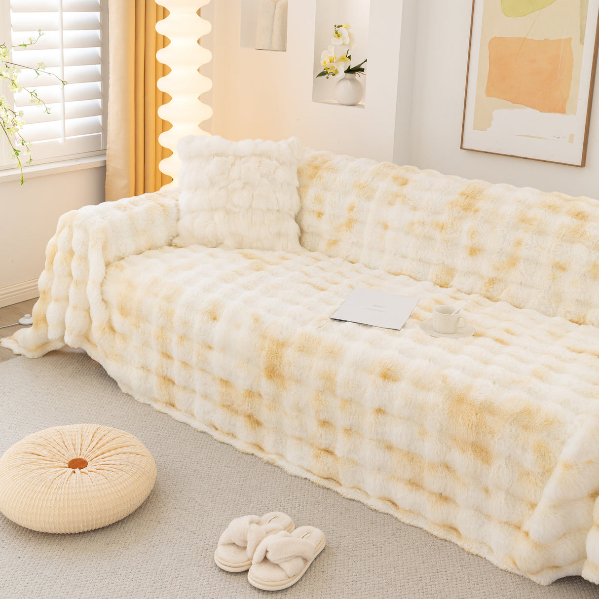 Thick Faux Fur Couch Cover Fluffy Fuzzy Warm Washable Furniture Protector for Kids Pets