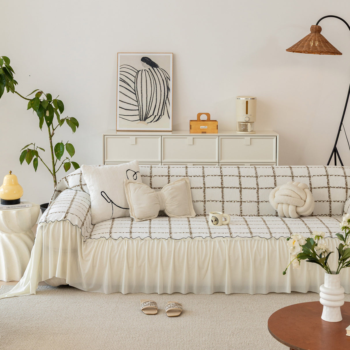 Grid Sofa Cover with Ruffle Skirt – Soft, Decorative, Full-Cover Couch Protector