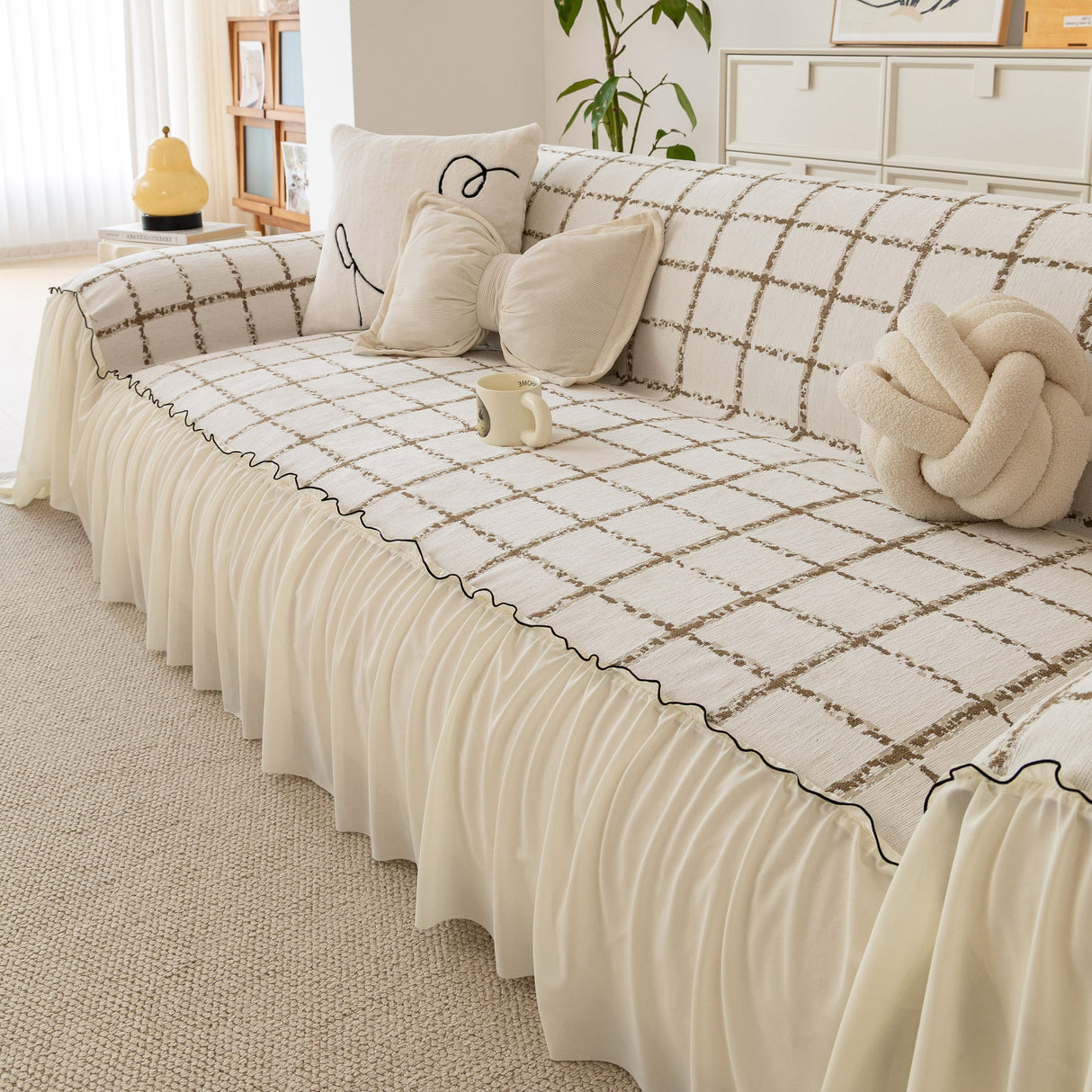 Grid Sofa Cover with Ruffle Skirt – Soft, Decorative, Full-Cover Couch Protector