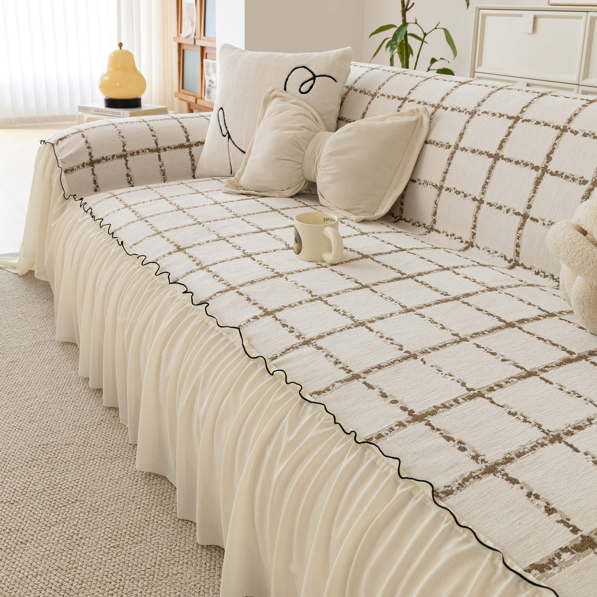 Grid Sofa Cover with Ruffle Skirt – Soft, Decorative, Full-Cover Couch Protector