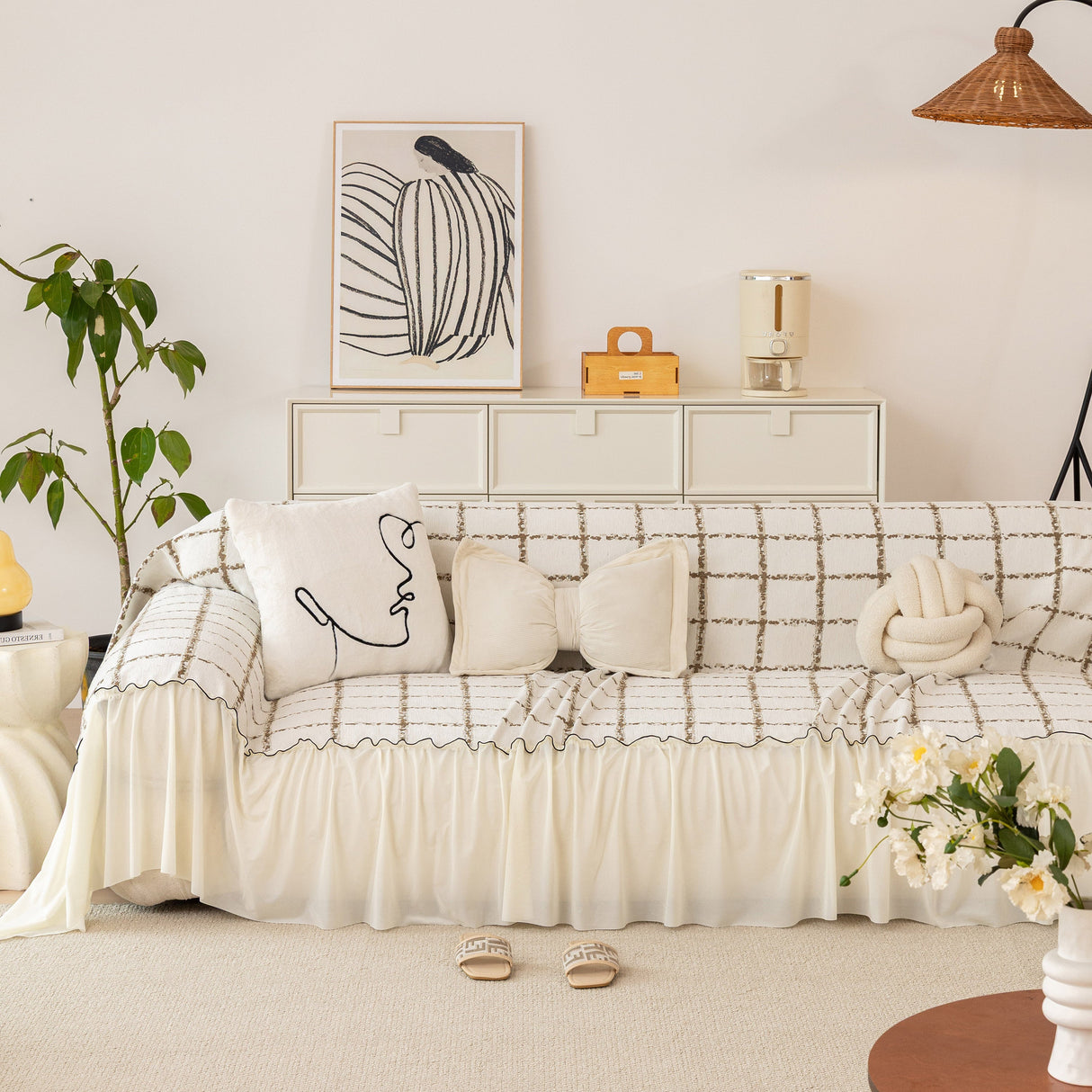 Grid Sofa Cover with Ruffle Skirt – Soft, Decorative, Full-Cover Couch Protector