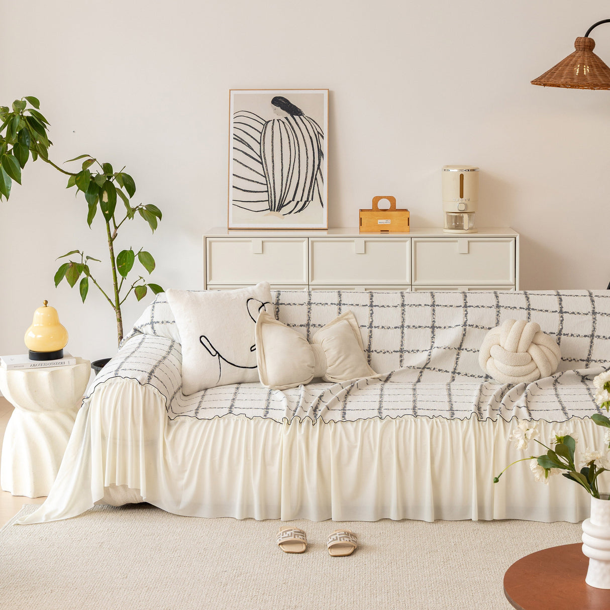 Grid Sofa Cover with Ruffle Skirt – Soft, Decorative, Full-Cover Couch Protector