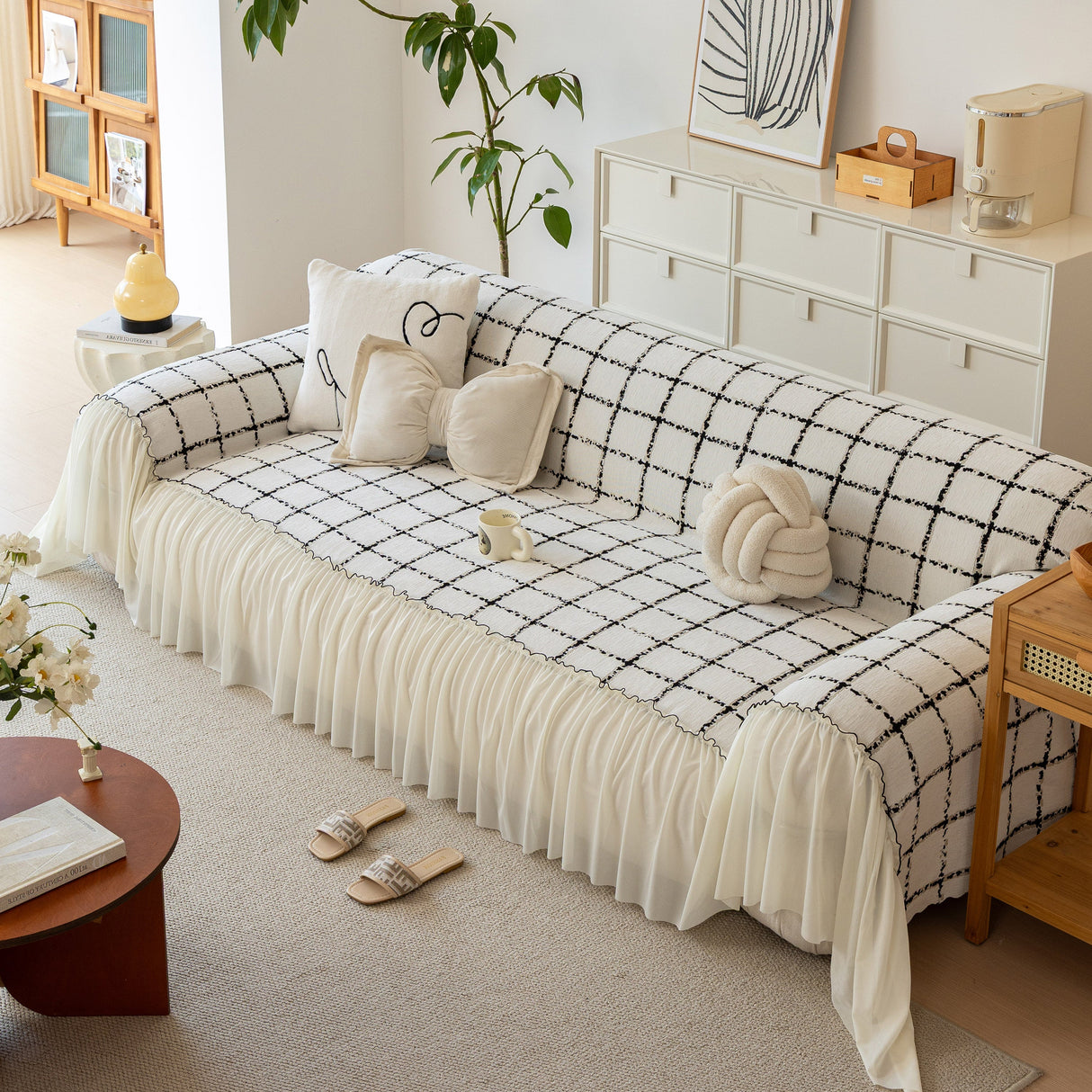 Grid Sofa Cover with Ruffle Skirt – Soft, Decorative, Full-Cover Couch Protector