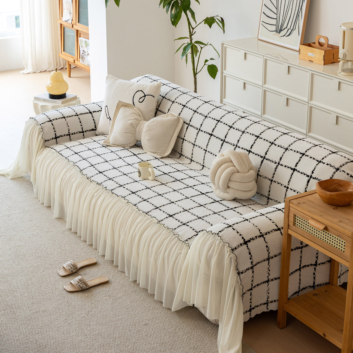 Grid Sofa Cover with Ruffle Skirt – Soft, Decorative, Full-Cover Couch Protector