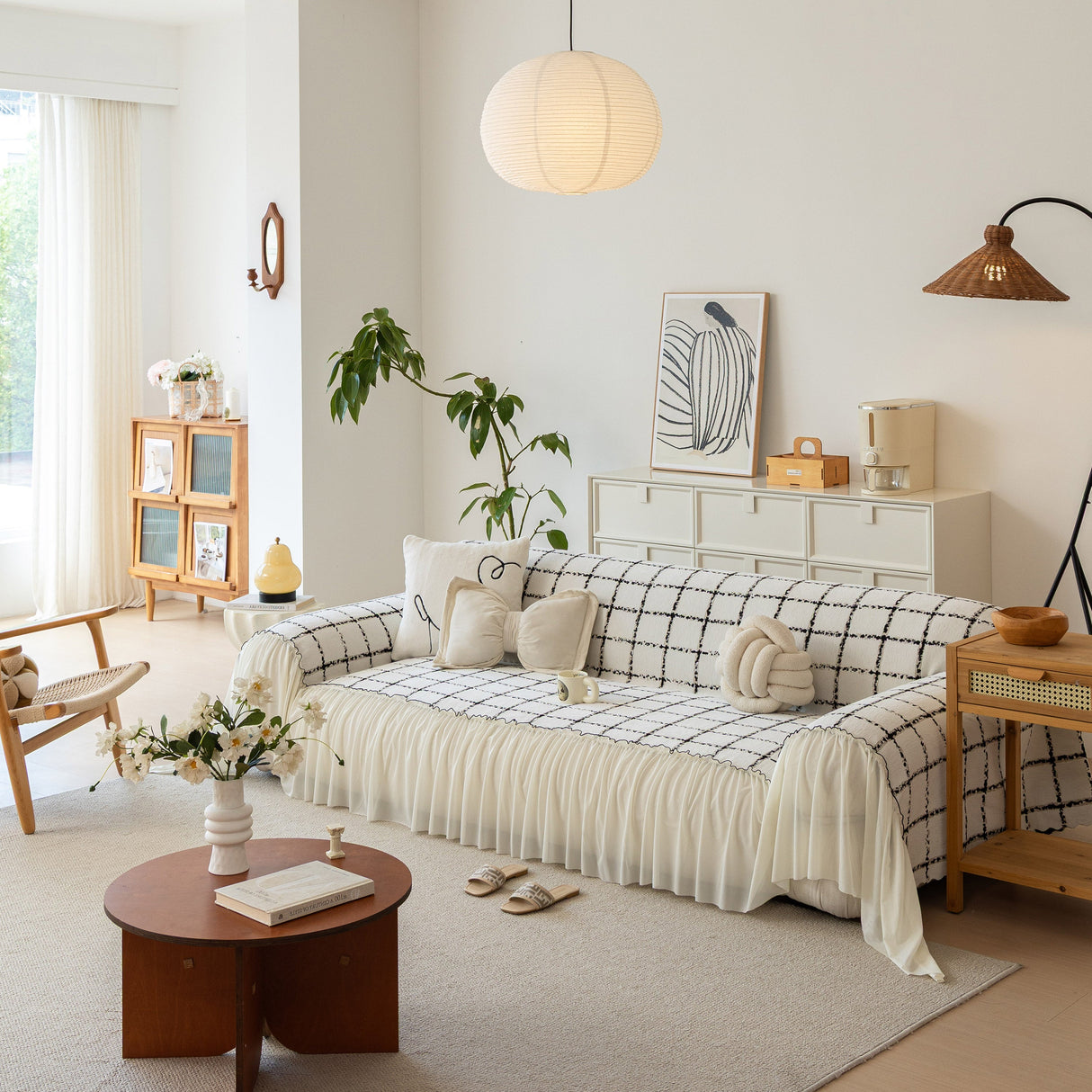 Grid Sofa Cover with Ruffle Skirt – Soft, Decorative, Full-Cover Couch Protector