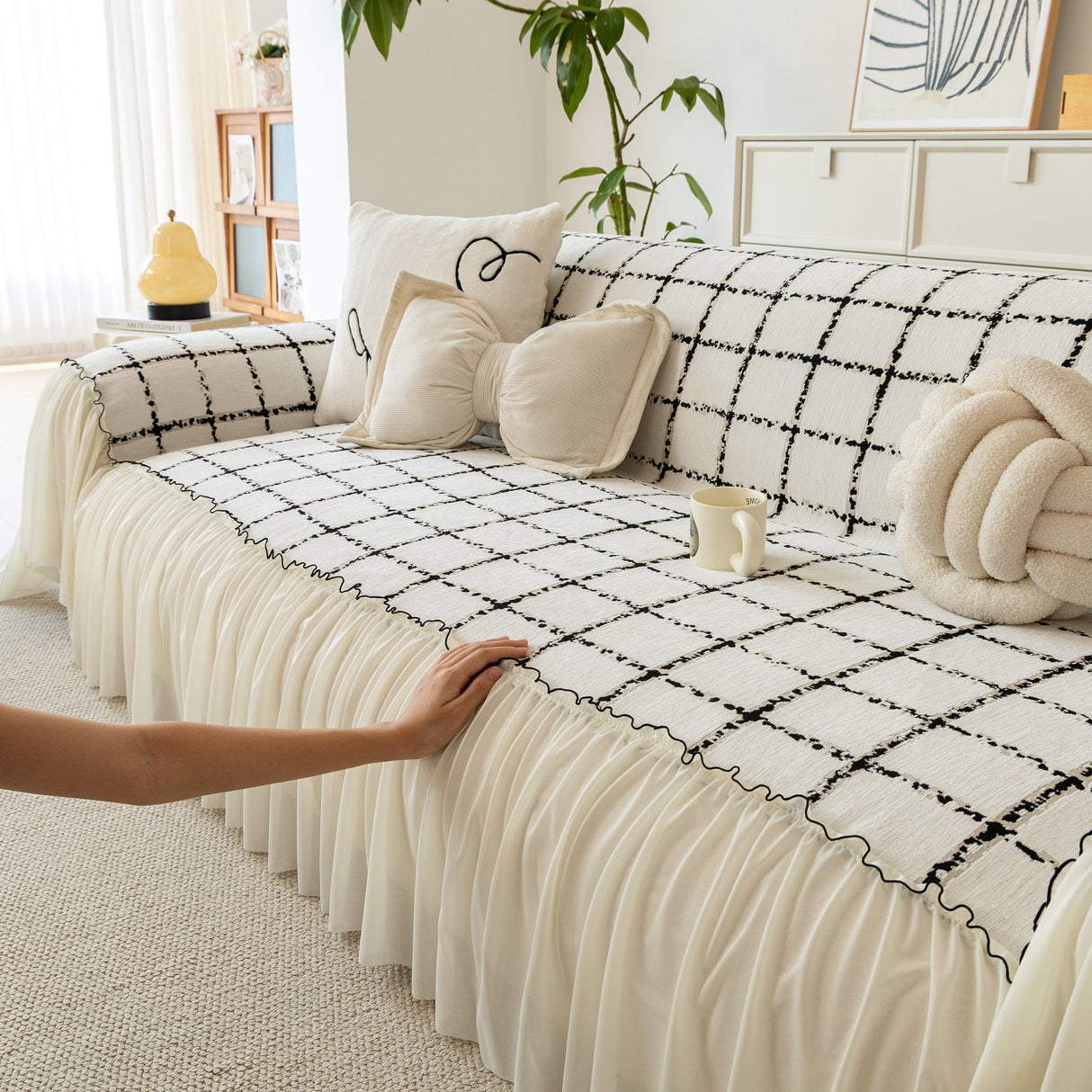 Grid Sofa Cover with Ruffle Skirt – Soft, Decorative, Full-Cover Couch Protector