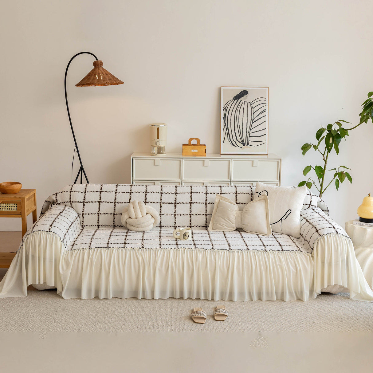Grid Sofa Cover with Ruffle Skirt – Soft, Decorative, Full-Cover Couch Protector