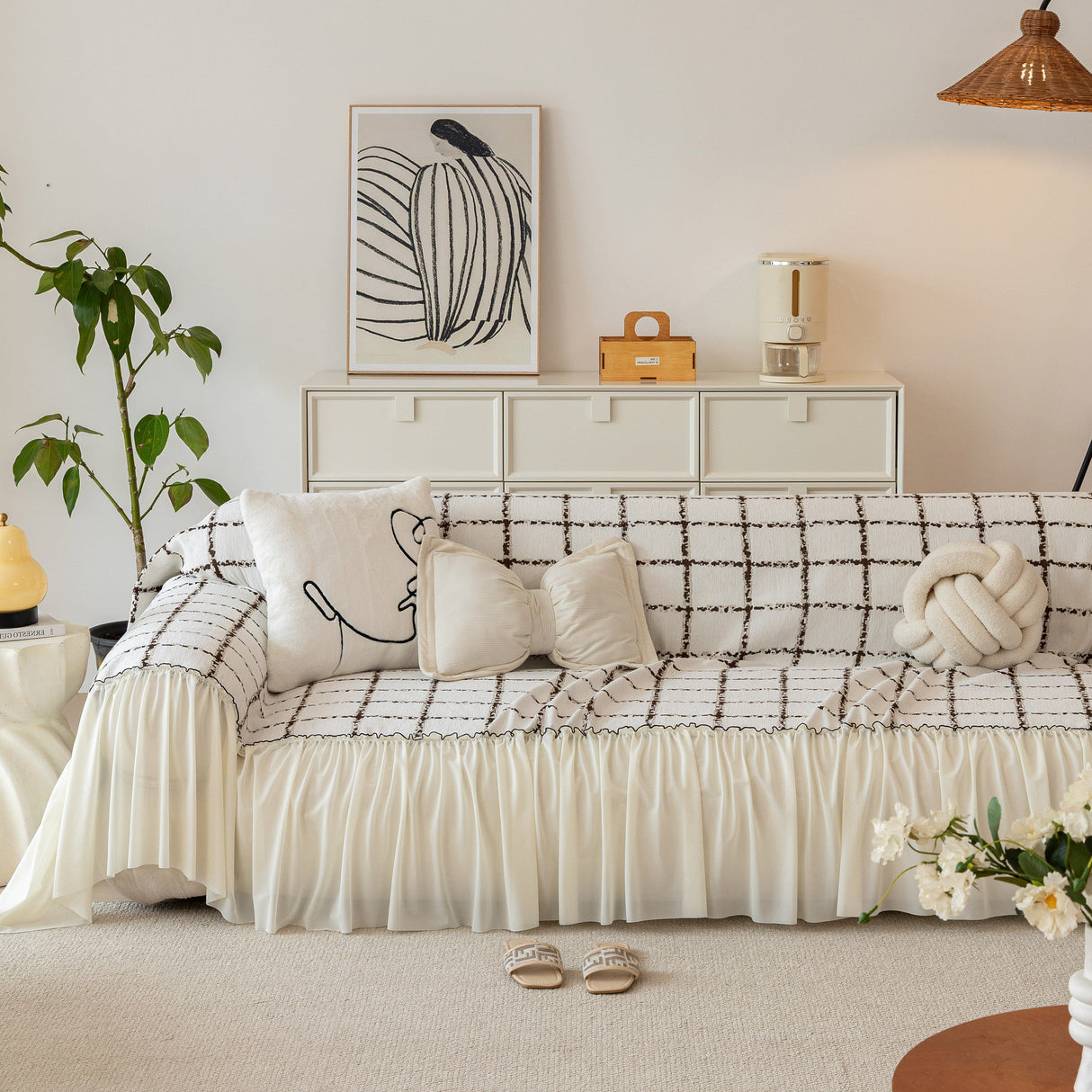 Grid Sofa Cover with Ruffle Skirt – Soft, Decorative, Full-Cover Couch Protector
