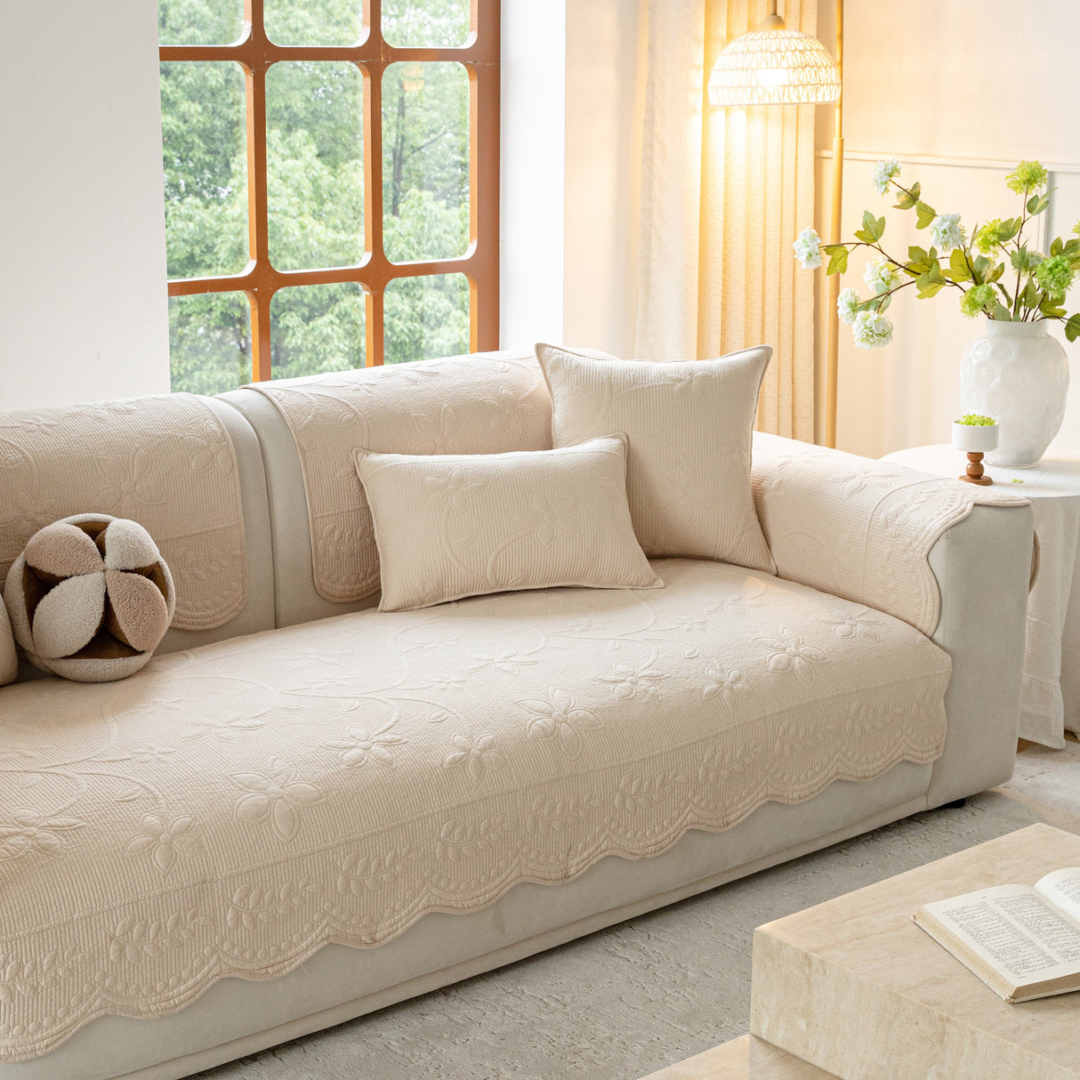 Floral Cotton Quilted Sofa Cover, Non-Slip Couch Protector with Scalloped Edges
