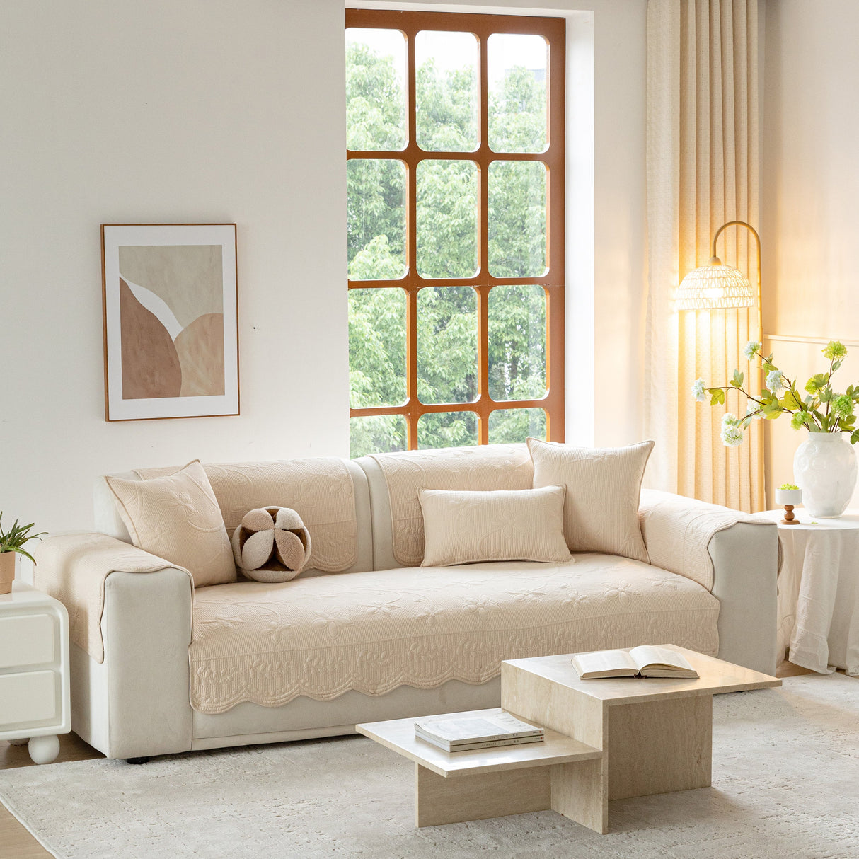 Floral Cotton Quilted Sofa Cover, Non-Slip Couch Protector with Scalloped Edges