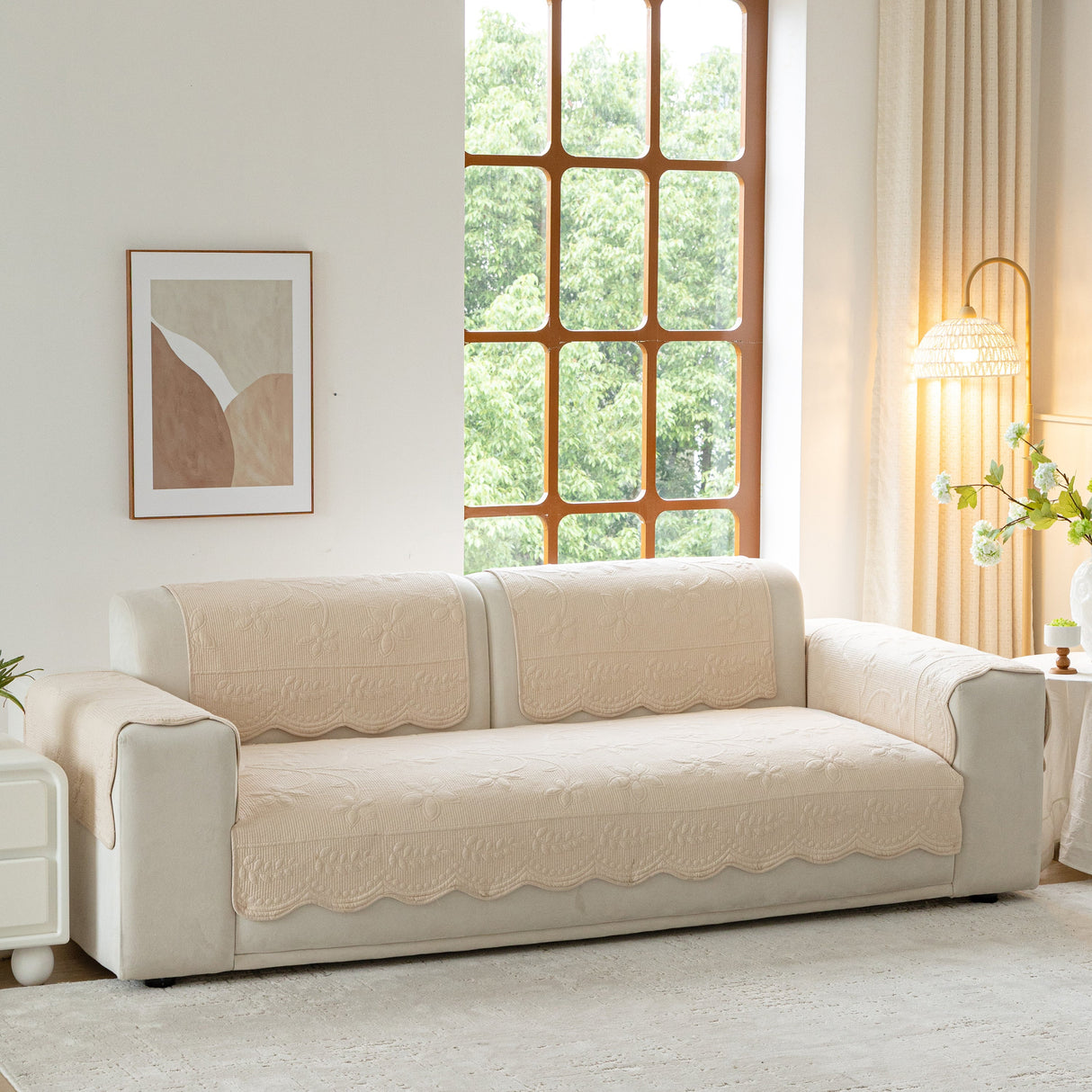 Floral Cotton Quilted Sofa Cover, Non-Slip Couch Protector with Scalloped Edges