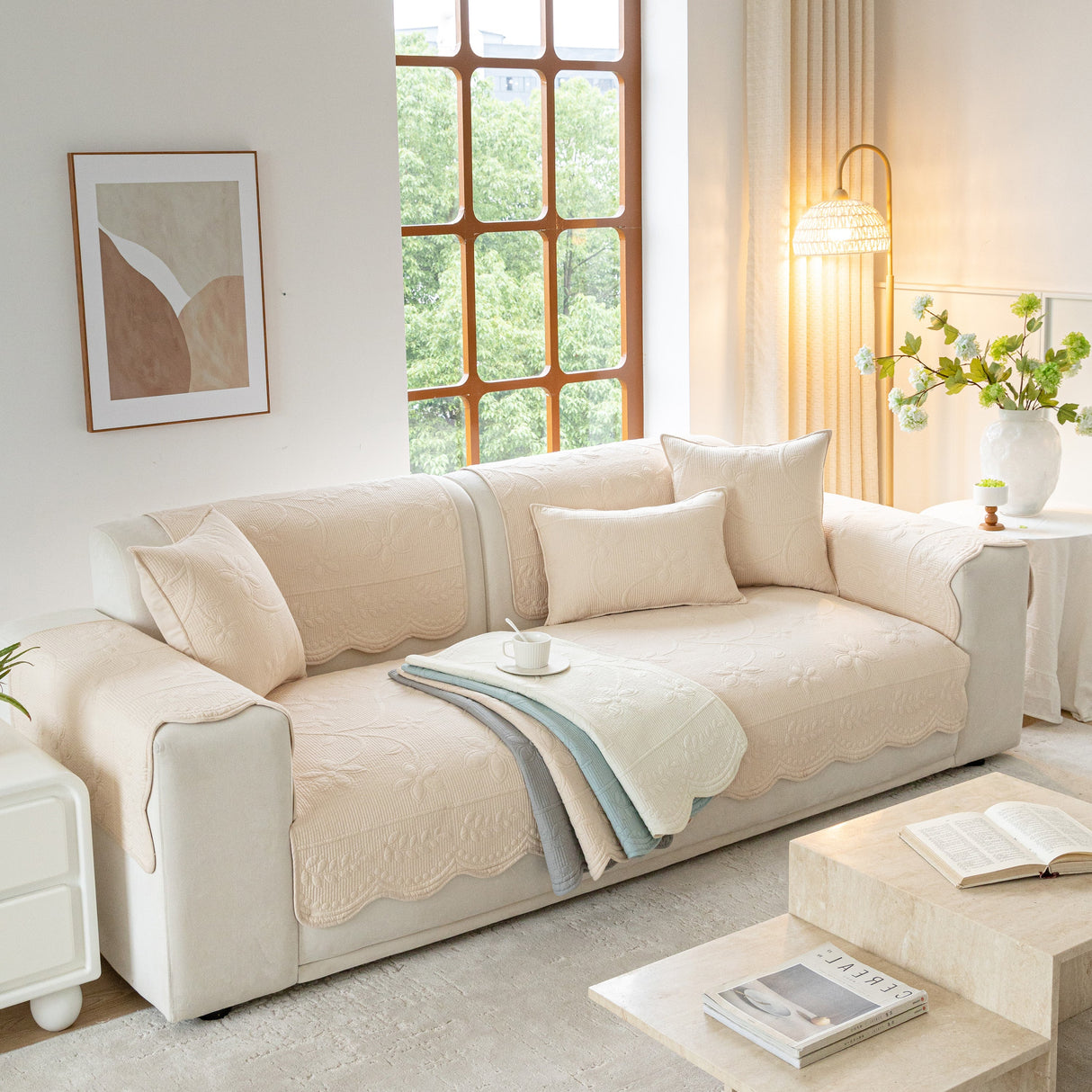 Floral Cotton Quilted Sofa Cover, Non-Slip Couch Protector with Scalloped Edges