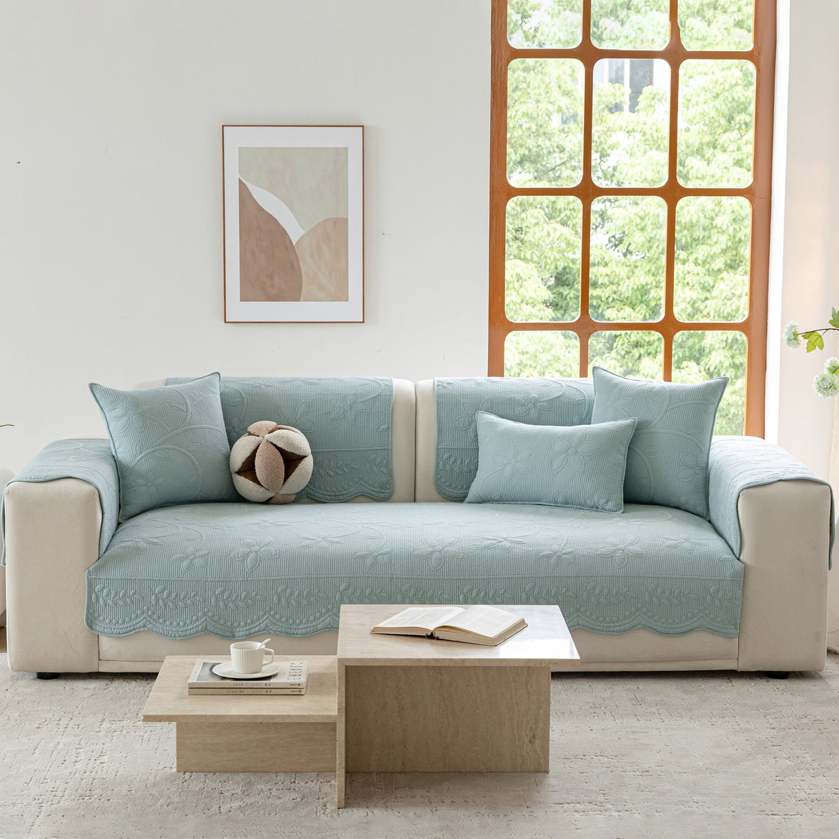 Floral Cotton Quilted Sofa Cover, Non-Slip Couch Protector with Scalloped Edges