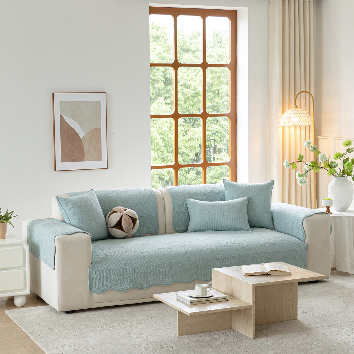 Floral Cotton Quilted Sofa Cover, Non-Slip Couch Protector with Scalloped Edges