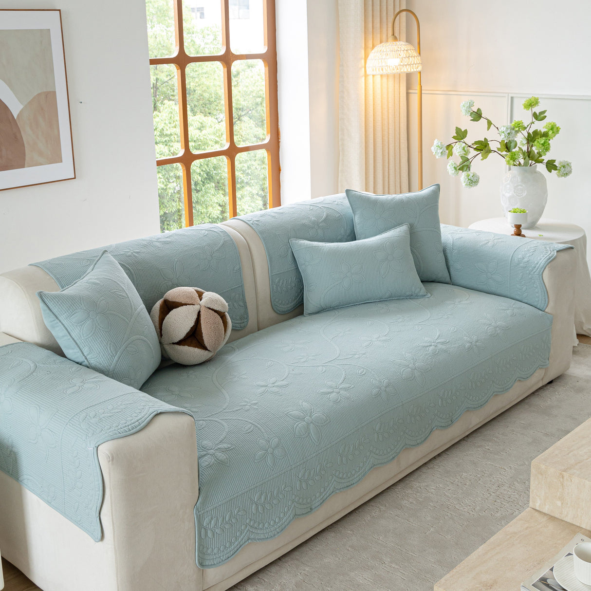 Floral Cotton Quilted Sofa Cover, Non-Slip Couch Protector with Scalloped Edges