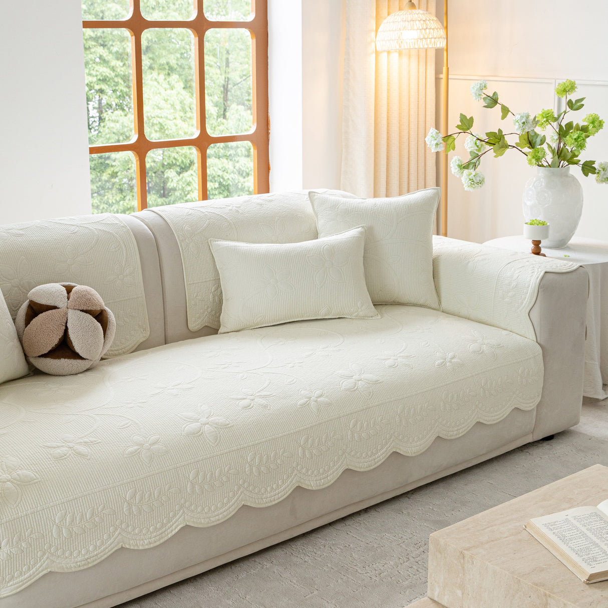 Floral Cotton Quilted Sofa Cover, Non-Slip Couch Protector with Scalloped Edges