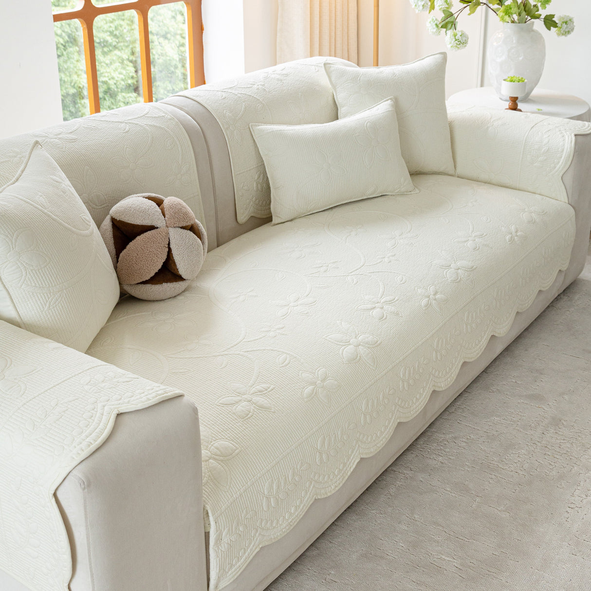 Floral Cotton Quilted Sofa Cover, Non-Slip Couch Protector with Scalloped Edges
