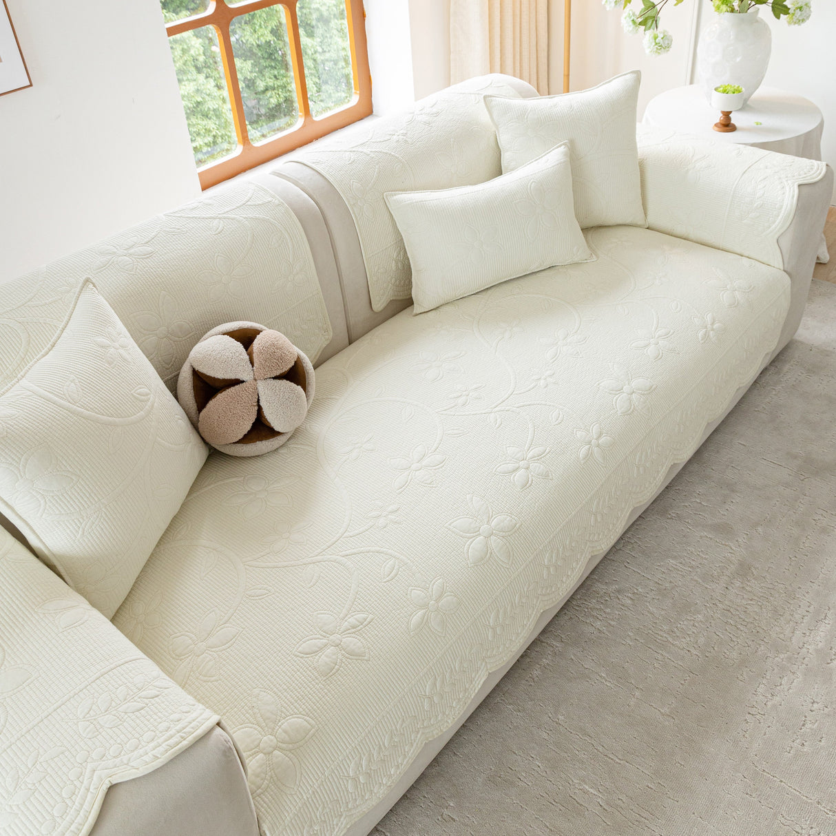Floral Cotton Quilted Sofa Cover, Non-Slip Couch Protector with Scalloped Edges