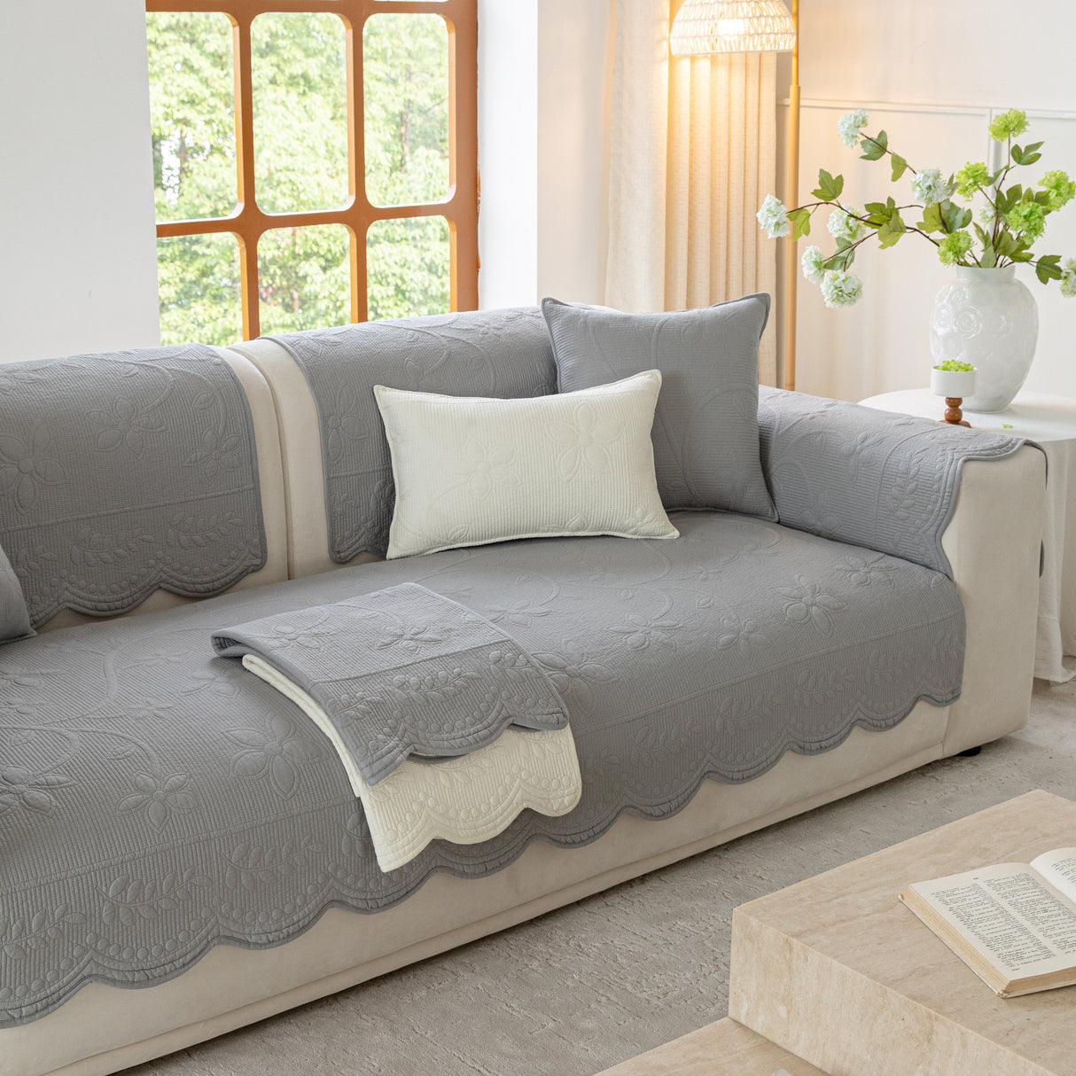 Floral Cotton Quilted Sofa Cover, Non-Slip Couch Protector with Scalloped Edges