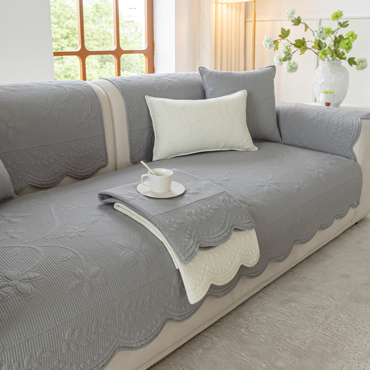 Floral Cotton Quilted Sofa Cover, Non-Slip Couch Protector with Scalloped Edges