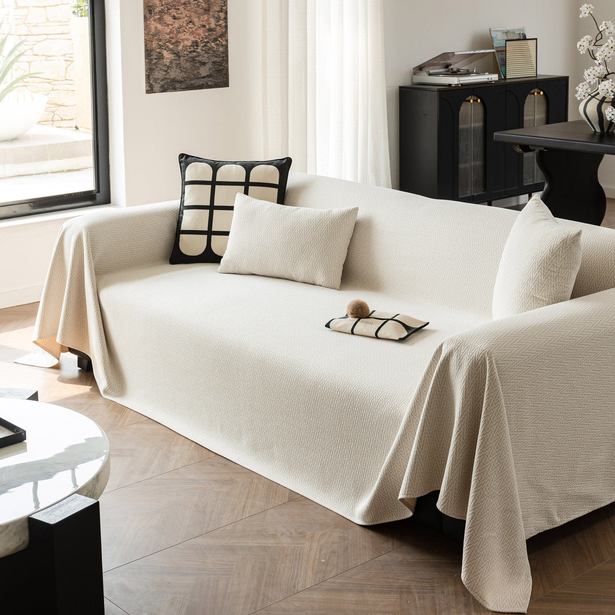 Herringbone Textured Sofa Throw Blanket, Durable Pet Friendly Modern Couch Slipcover