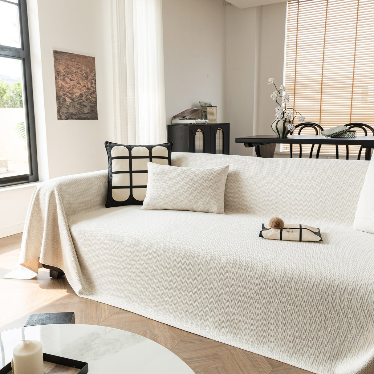 Herringbone Textured Sofa Throw Blanket, Durable Pet Friendly Modern Couch Slipcover