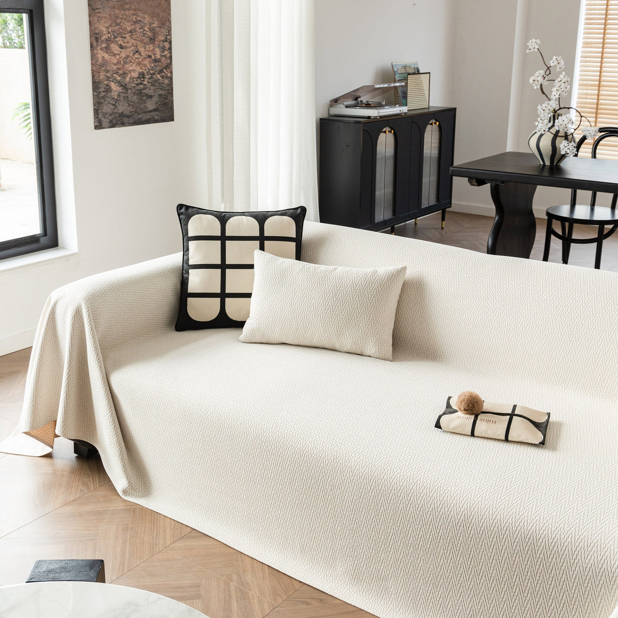 Herringbone Textured Sofa Throw Blanket, Durable Pet Friendly Modern Couch Slipcover