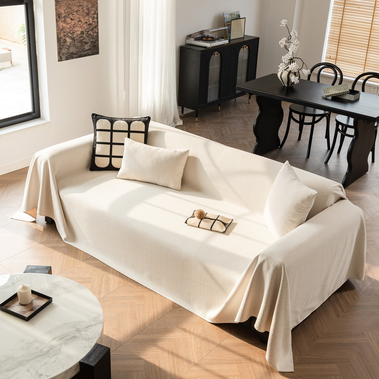 Herringbone Textured Sofa Throw Blanket, Durable Pet Friendly Modern Couch Slipcover