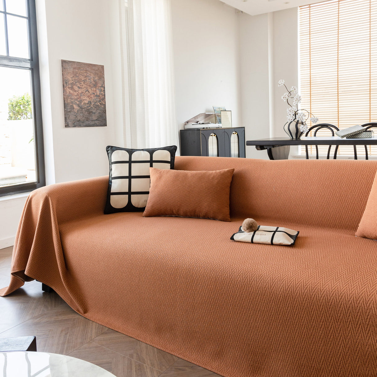 Herringbone Textured Sofa Throw Blanket, Durable Pet Friendly Modern Couch Slipcover