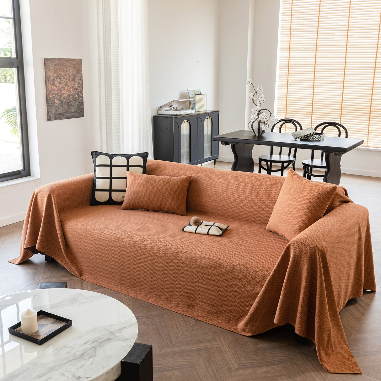 Herringbone Textured Sofa Throw Blanket, Durable Pet Friendly Modern Couch Slipcover