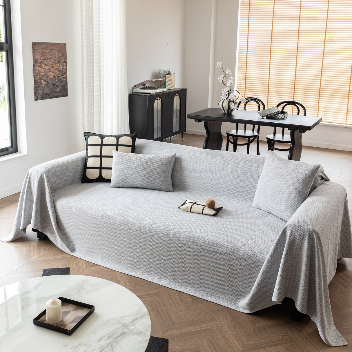 Herringbone Textured Sofa Throw Blanket, Durable Pet Friendly Modern Couch Slipcover