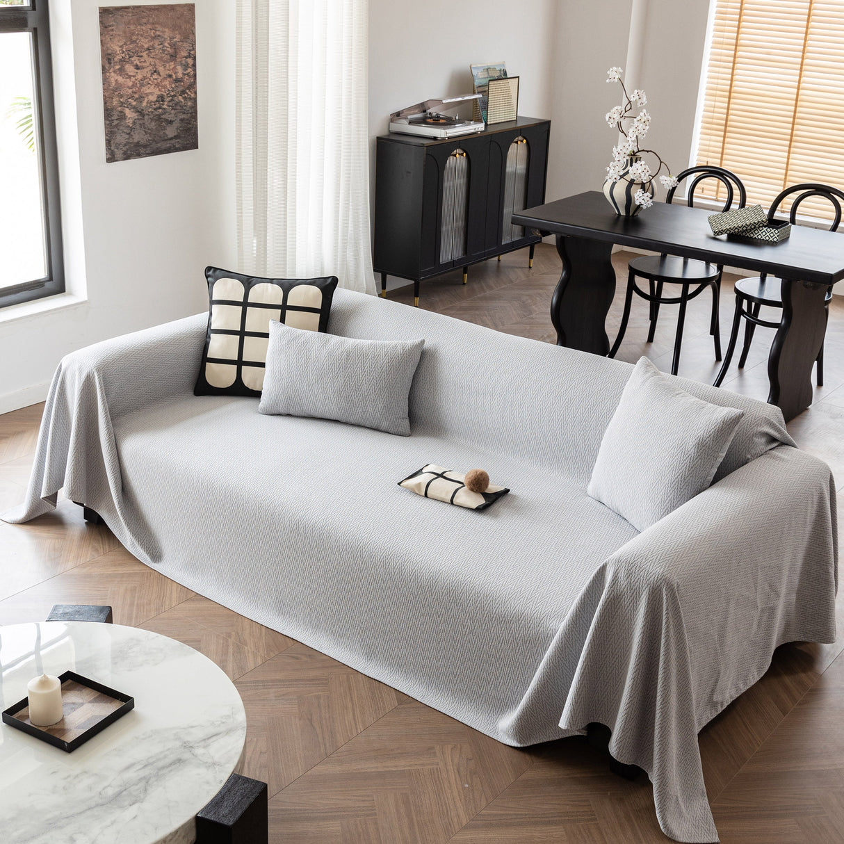 Herringbone Textured Sofa Throw Blanket, Durable Pet Friendly Modern Couch Slipcover